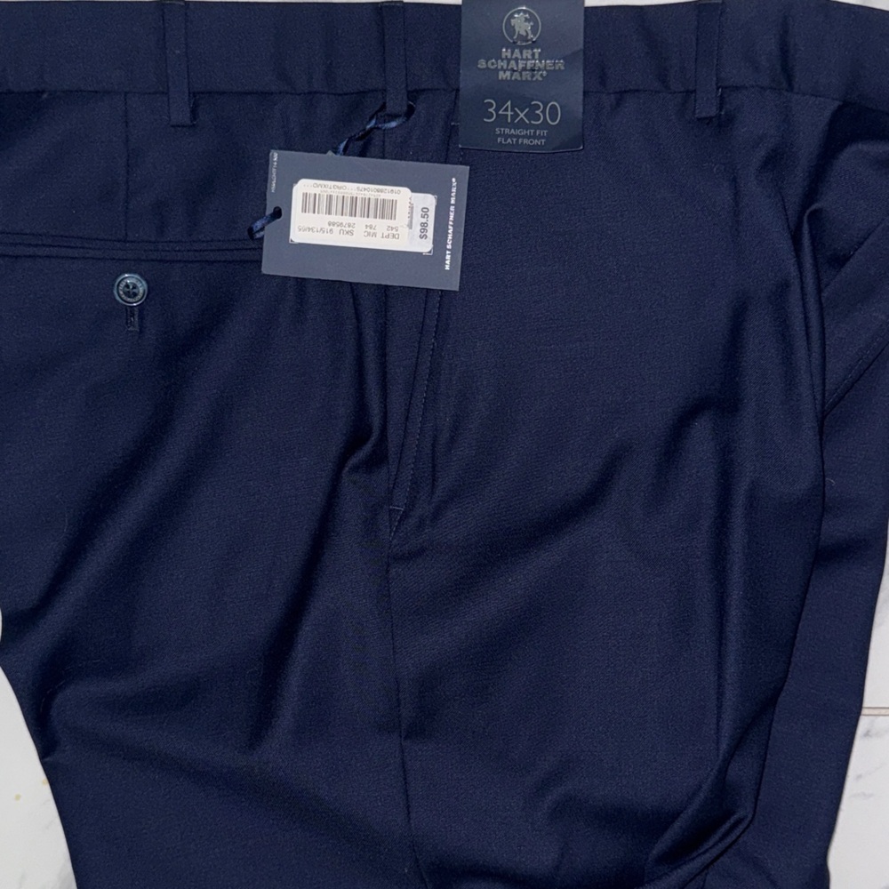 NWT Hart Schaffner Marx Dress Pants 34x30 Navy Blue Flat Front Straight Fit